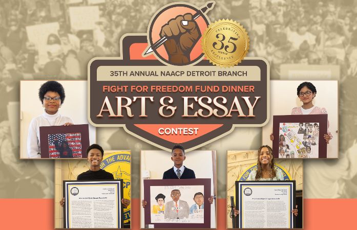  5 students holding essays and art 
